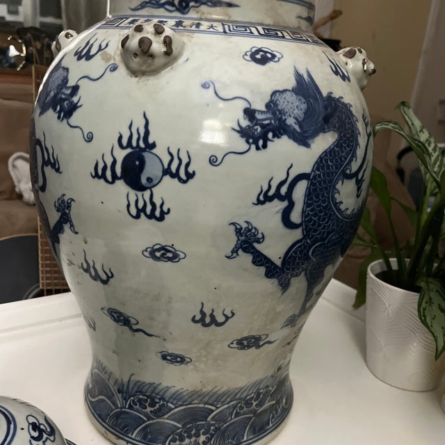 Large Blue & White Porcelain Dragon Temple Jar With Foo Dog Lid For Sale In New York - Image 6 of 12