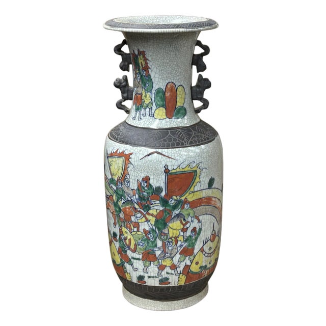 Orient Crackle Gray Warrior Graphic Artistic Pottery Ceramic Vase For Sale