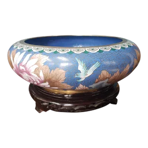 Chinese Cloisonne' Bowl Lotus Design on Carved Stand
