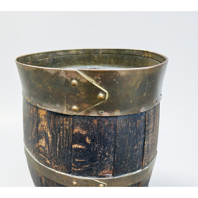 Antique Dutch Barrel Umbrella Stand in Aged Wood and Brass, 1890s For Sale - Image 5 of 10