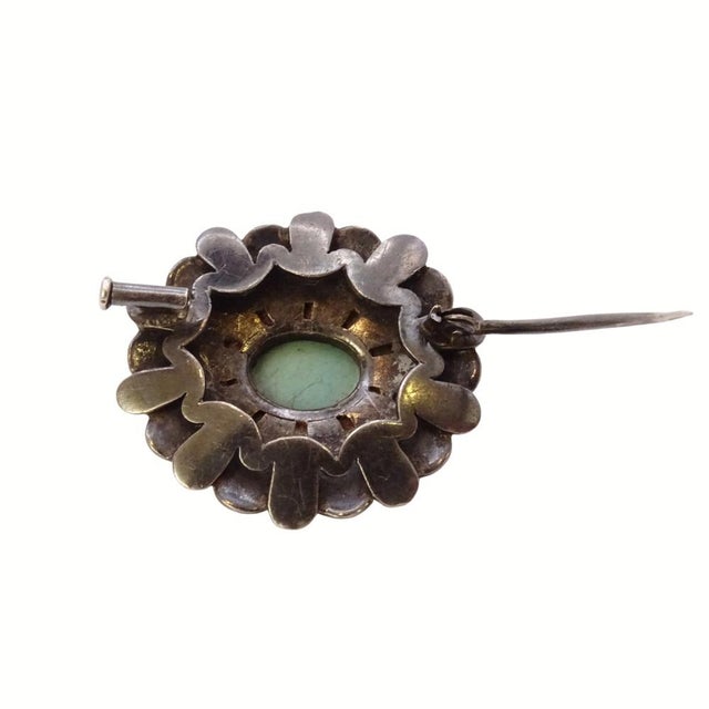Flower Brooch, Enamel, Antiqued Metal, and Turquoise Cabochon, Art Nouveau, 1920s - France Type: Brooch Style: Art Nouveau...