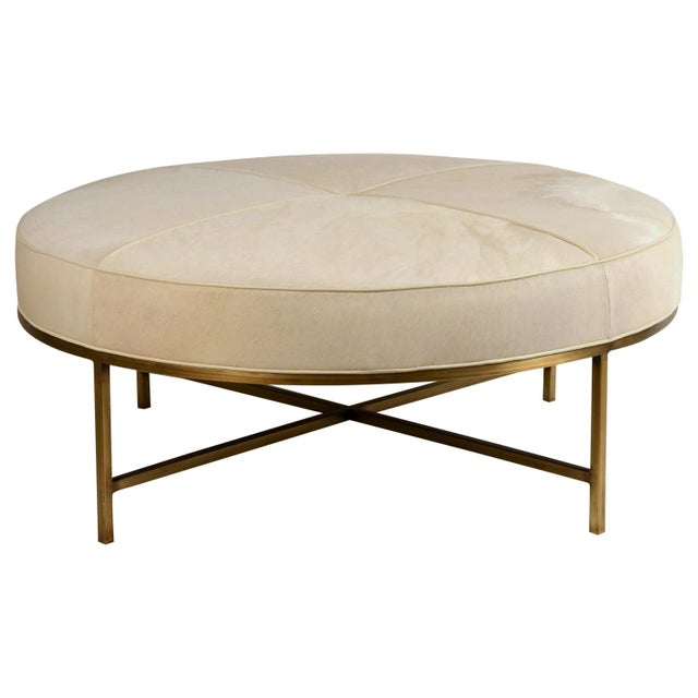 White Hide and Patinated Brass 'Tambour' Ottoman by Design Frères For Sale - Image 10 of 10