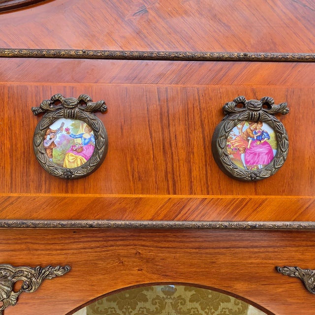 French Louis XV Marquetry Display Cabinet Figural Mounts Porcelain Medallions For Sale In Miami - Image 6 of 18
