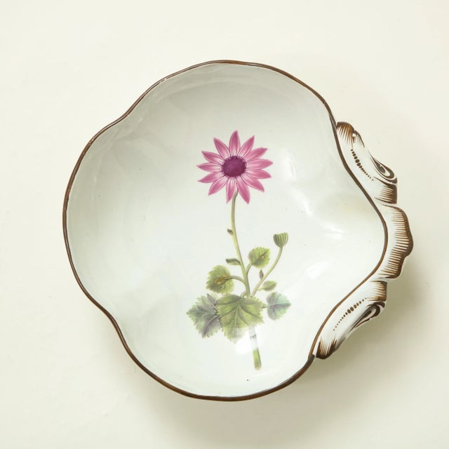 Each with brown line-edged rim and hand-painted with botanical specimens including woolley cineraria and clematis...