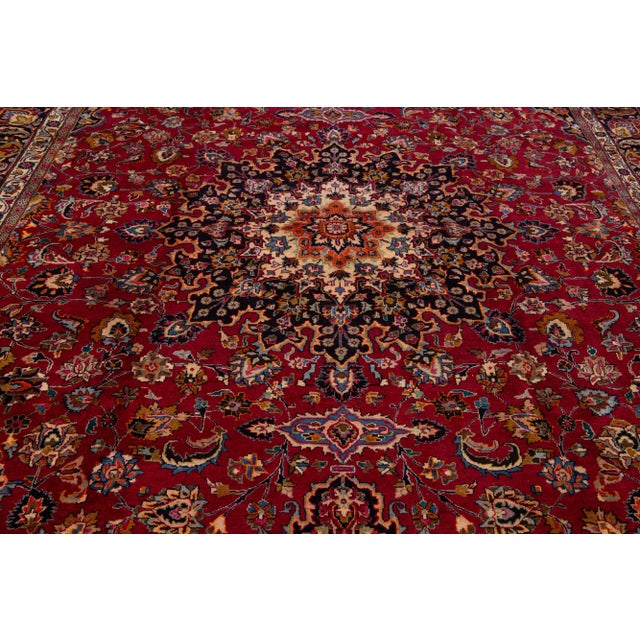 Textile Vintage Mashad Red Wool Rug With a Rosette Design For Sale - Image 7 of 7