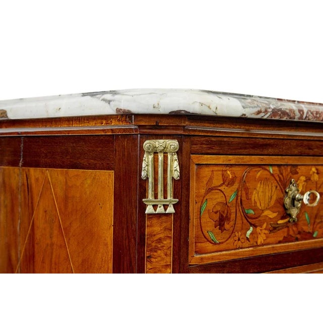 Brown 19th Century French Inlaid Walnut Chest of Drawers with Marble Top, 1880s For Sale - Image 8 of 10
