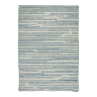Rug & Kilim’s Modern Textural Rug, Ivory and Ice Blue Striped Design For Sale