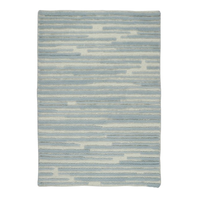 Rug & Kilim’s Modern Textural Rug, Ivory and Ice Blue Striped Design For Sale