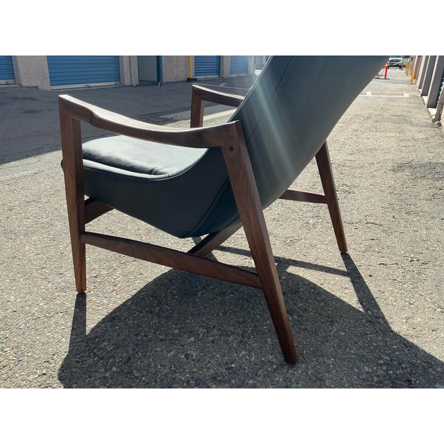 Mid-Century Lounge Chair Black Leather Walnut Frame For Sale - Image 10 of 11