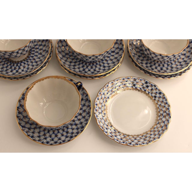 Blue 1980s Lomonosov Imperial Cobalt Net Porcelain Tea Set 30 Pcs, 10 Trios For Sale - Image 8 of 14