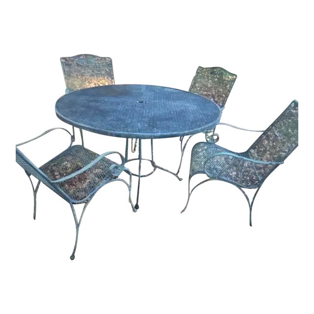 Vintage Wrought Iron Russell Woodard Patio Set Table, 4 Chairs, Side Table, Attributed For Sale