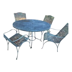 Vintage Wrought Iron Russell Woodard Patio Set Table, 4 Chairs, Side Table, Attributed