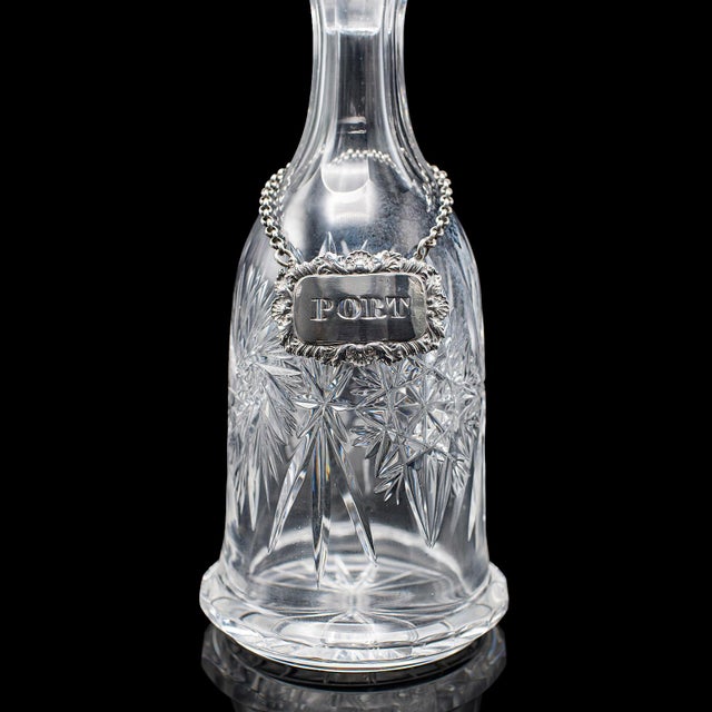 Transparent Vintage Port Decanter, English, Glass, Silver Label, Spirit Bottle, Mid Century For Sale - Image 8 of 12