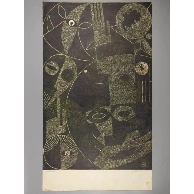 August Lanin. Masks. Author′s monotype 1966. Cubo-constructivist fantasy. The edges of the sheet are frayed.