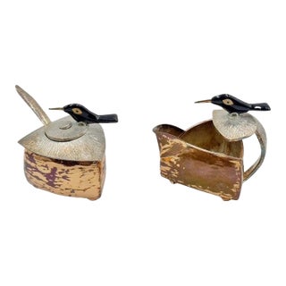 1980s Emilia Castillo Copper & Silver Creamer & Sugar Set With Bird Sculptures For Sale