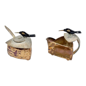 1980s Emilia Castillo Copper & Silver Creamer & Sugar Set With Bird Sculptures