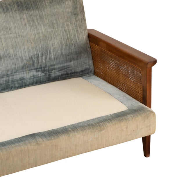 1960s Mid Century Modern Caned Walnut Velvet Long Sofa for Reupholstery 101" For Sale - Image 10 of 16