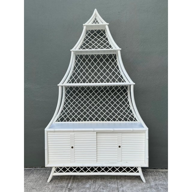 Mid 20th Century Vintage White Rattan Pagoda Etagere For Sale - Image 5 of 12