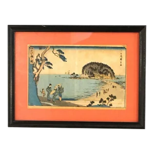 Antique Japanese Seascape Woodblock Print with Figures by Kunisada, C1920