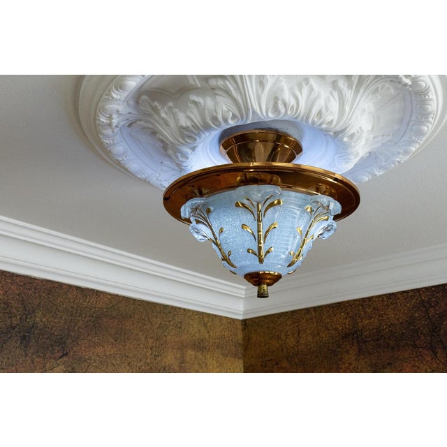 Art Deco French Copper and Frosted Glass Three-Light Ceiling Light, 1930s For Sale - Image 4 of 18