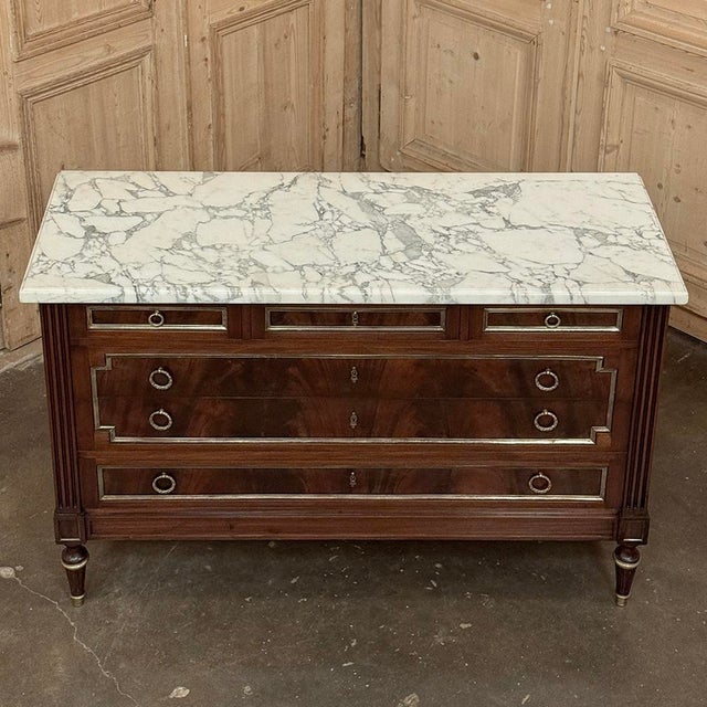 French Mahogany Louis XVI Style Commode With Carrara Marble Top For Sale - Image 17 of 18