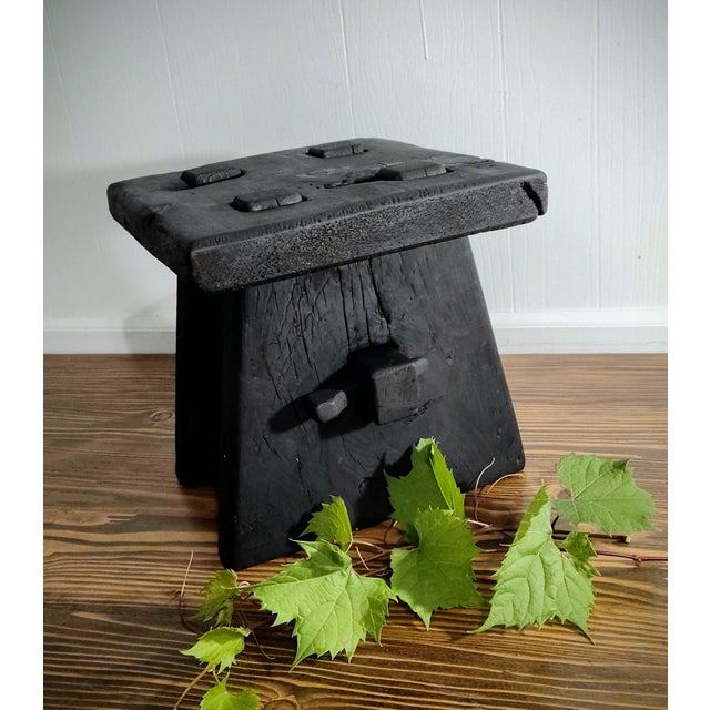 Yakisugi -Shou Sugi Ban Charred Barnwood Stool, Reclaimed Accent Table, Wabi Sabi Plant Stand For Sale - Image 9 of 13