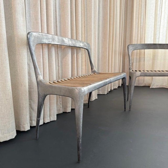 Organic Modern Cast Aluminum and Teak Bench by John Reeves For Sale - Image 9 of 11