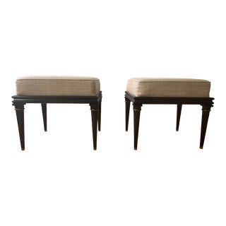 Late 20th Century Neoclassical Upholstered Mahogany Ottomans - Set of 2 For Sale