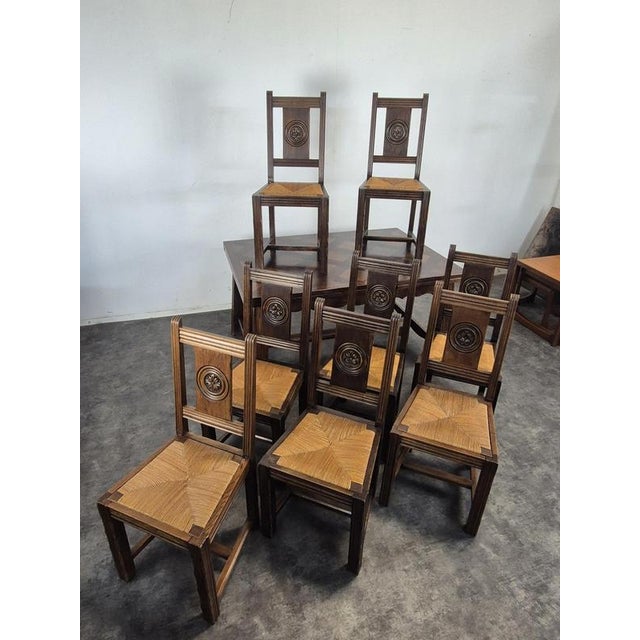 Wood Straw-Seated Chairs with a Backrest Carved with a Rosette, 1920s, Set of 8 For Sale - Image 7 of 9