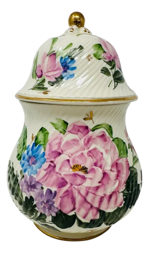 Vintage Ribbed Ceramic Ginger Jar | Hand-Painted Rose & Floral Lidded Pot | Cottagecore Home Decor | Grandmillennial Style | Pink and Blue Flowers