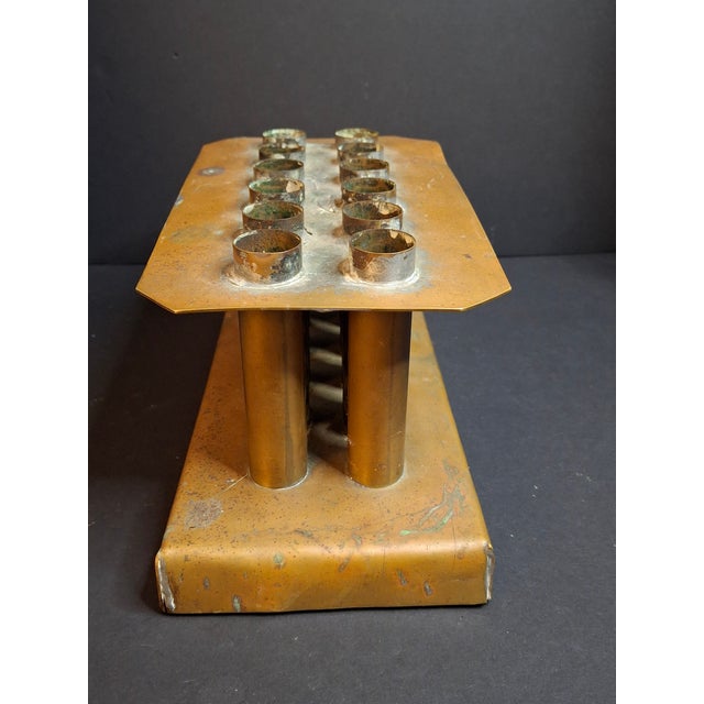 Wood Ultra Rare Antique 18th C Heavy Brass 12 Tube Candle Mold Primitive Corks 5x10 For Sale - Image 7 of 16