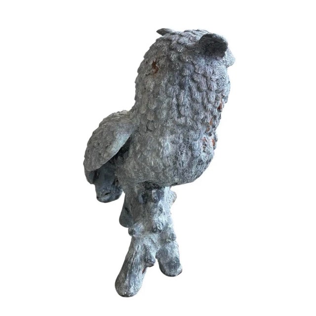 Rustic Vintage Cast Iron Owl Garden Sculpture on Natural Branch Base For Sale - Image 3 of 11