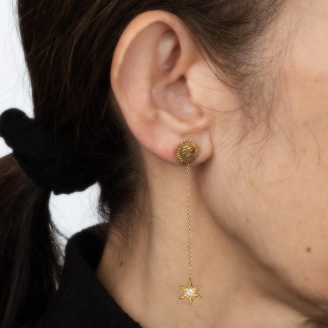 Contemporary Anthony Lent Sunface Star Drop Earrings Estate 18k Yellow Gold Signed Jewelry, Pair For Sale - Image 3 of 3