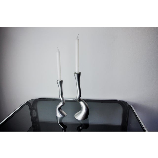 Very beautiful pair of brutalist candlesticks designed and produced by art3 spain in Spain in the 1980s. Aluminum...