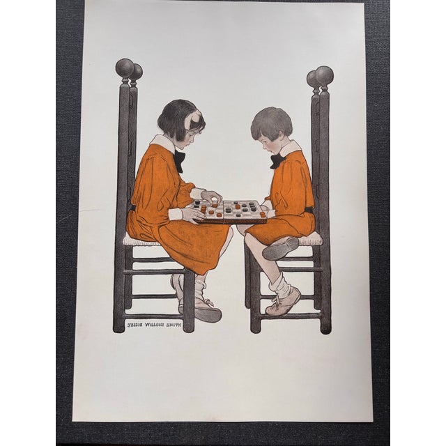 Printmaking Materials 1908 Jessie Willcox Smith, Checker Players, Original Color Lithograph (Offset) Print. Antique Collectible For Sale - Image 7 of 7