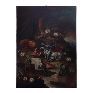 Unknown, Still Life with Fishes and Oysters, Original Oil on Canvas, 17th-Century For Sale