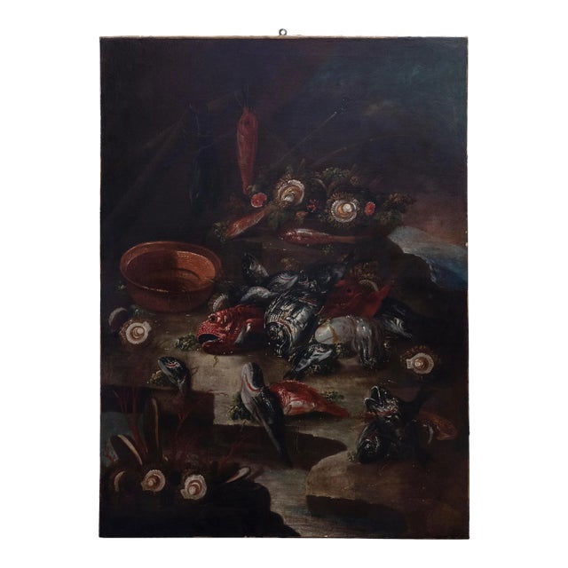Unknown, Still Life with Fishes and Oysters, Original Oil on Canvas, 17th-Century For Sale