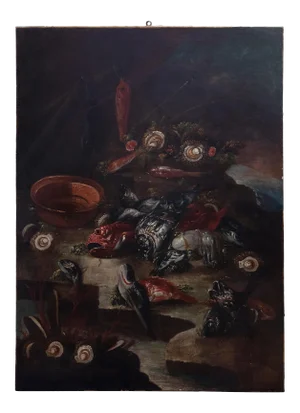 Unknown, Still Life with Fishes and Oysters, Original Oil on Canvas, 17th-Century