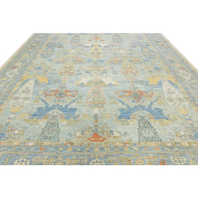 12 X 16 Modern Sultanabad Hand-Knotted Wool Rug – Sky Blue & Goldenrod Floral For Sale - Image 9 of 11