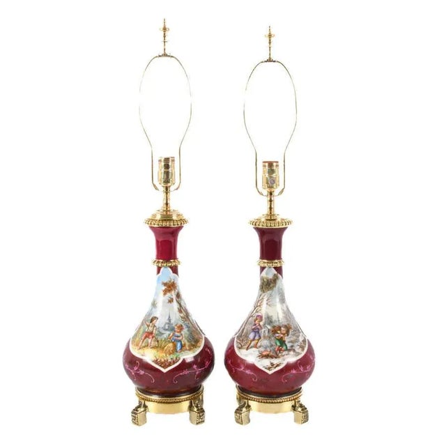 Mid-20th Century French Rococo Style Hand-Painted Porcelain Lamps – a Pair For Sale - Image 4 of 10