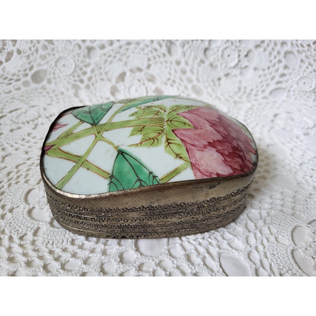 Indian Pink and Green Floral Porcelain Metal Box For Sale - Image 3 of 9