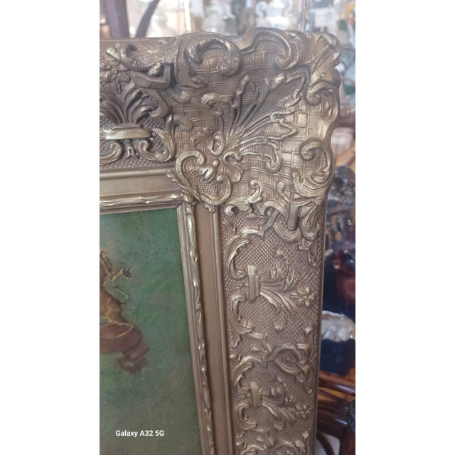 Boho Chic Vintage Framed Oil Painting on Canvas of Young Girl With Basket For Sale - Image 3 of 5