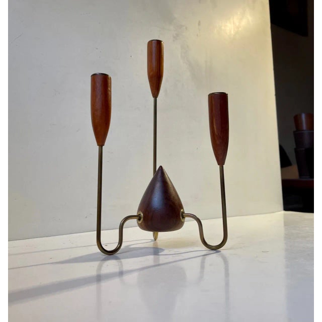Wood Scandinavian Mid-Century Teak and String Brass Candleholder, 1960s For Sale - Image 7 of 7