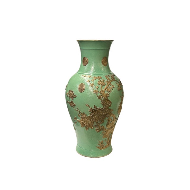 Vintage Chinese Pastel Green Turquoise Golden Birds Porcelain Vase For Sale - Image 4 of 9