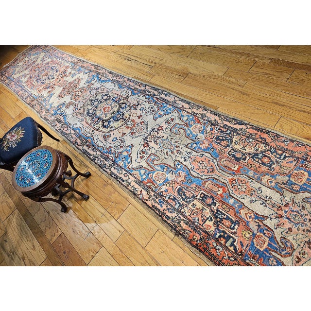 Antique Persian Malayer Runner Rug, Hand-Knotted Wool, Geometric Pattern, 4x20, Ivory & Blue For Sale - Image 4 of 14