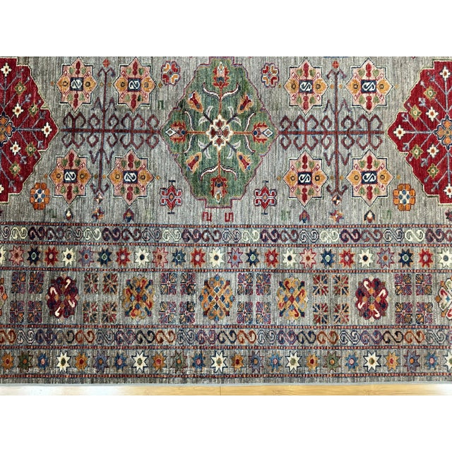 1990s Handmade Caucasian Super Kazak Rug 9x12 – Tribal Medallion Design in Jewel Tones For Sale - Image 4 of 10