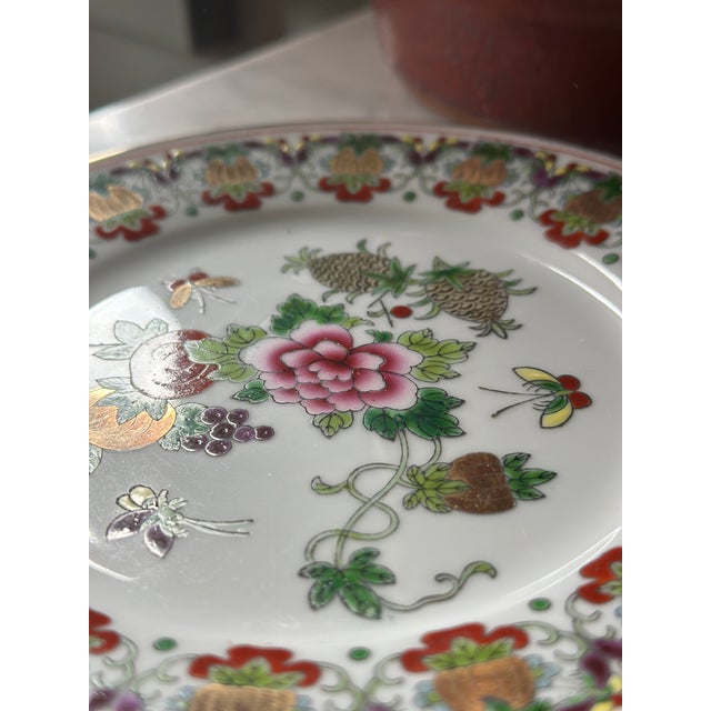 Rare Vintage Jingdezhen Famille Rose "Pineapple & Butterfly" Porcelain Teacup Trio Set - 6 Pieces For Sale - Image 9 of 12