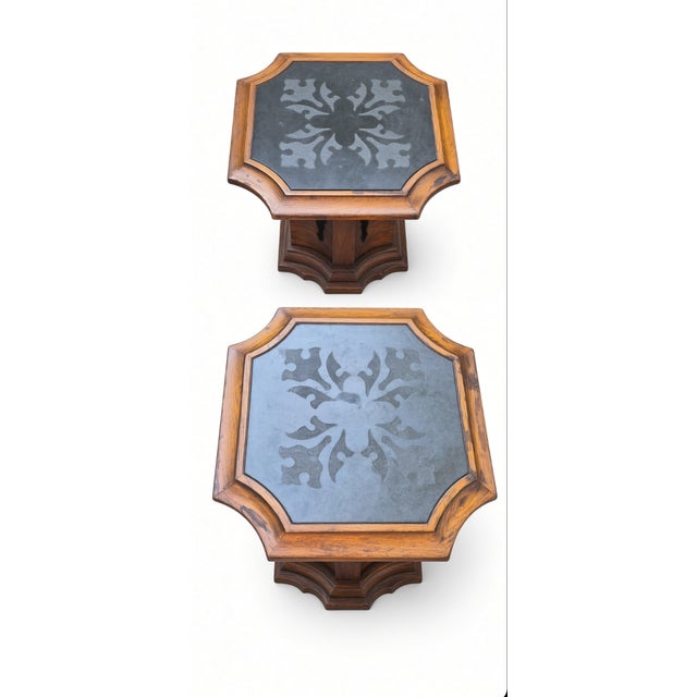 Pair of Mid-Century Octagonal Side Tables Attributed to Drexel Esperanto | Etched Slate Tops | 1960s For Sale - Image 4 of 7