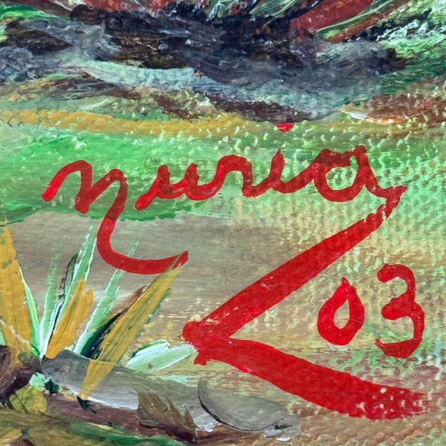 An original painting by Miami artist Nuria Mesa, Gallito Kikirikí captures a proud rooster standing before a rustic...