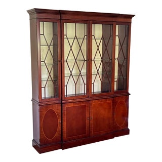 Vintage Baker Georgian Style Lighted Mahogany Breakfront China Cabinet For Sale